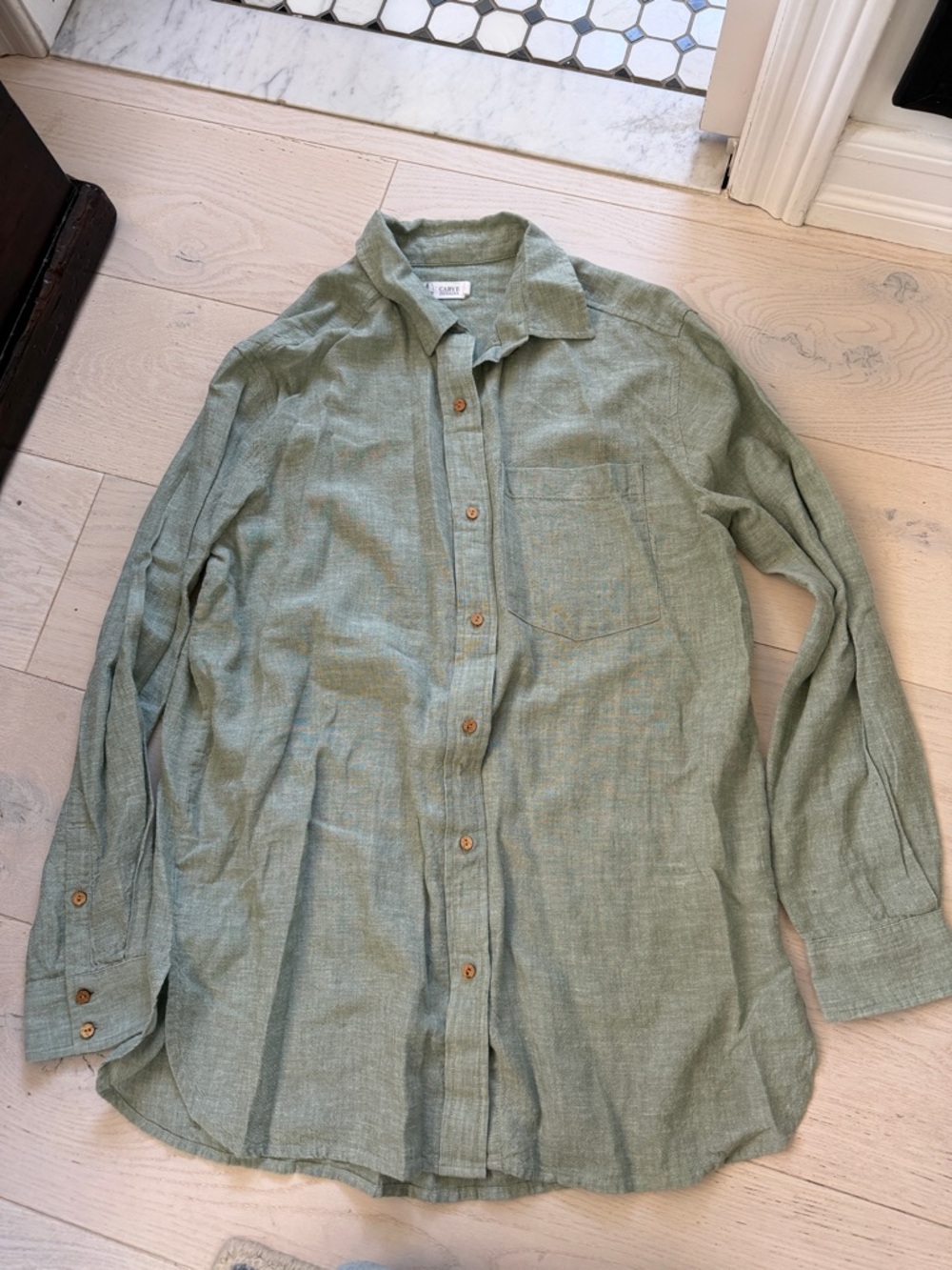 Carve Designs Sage Green Linen Blend Shirt with Wood Button- Shirt Dress